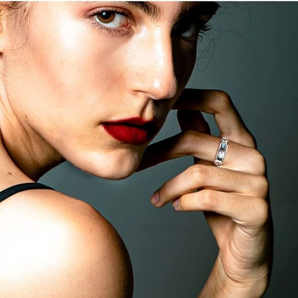 316L Stainless Silver & Blue Evil Eye Fidget Anxiety Stress Relieving Spin Ring - Picture 4 of 5